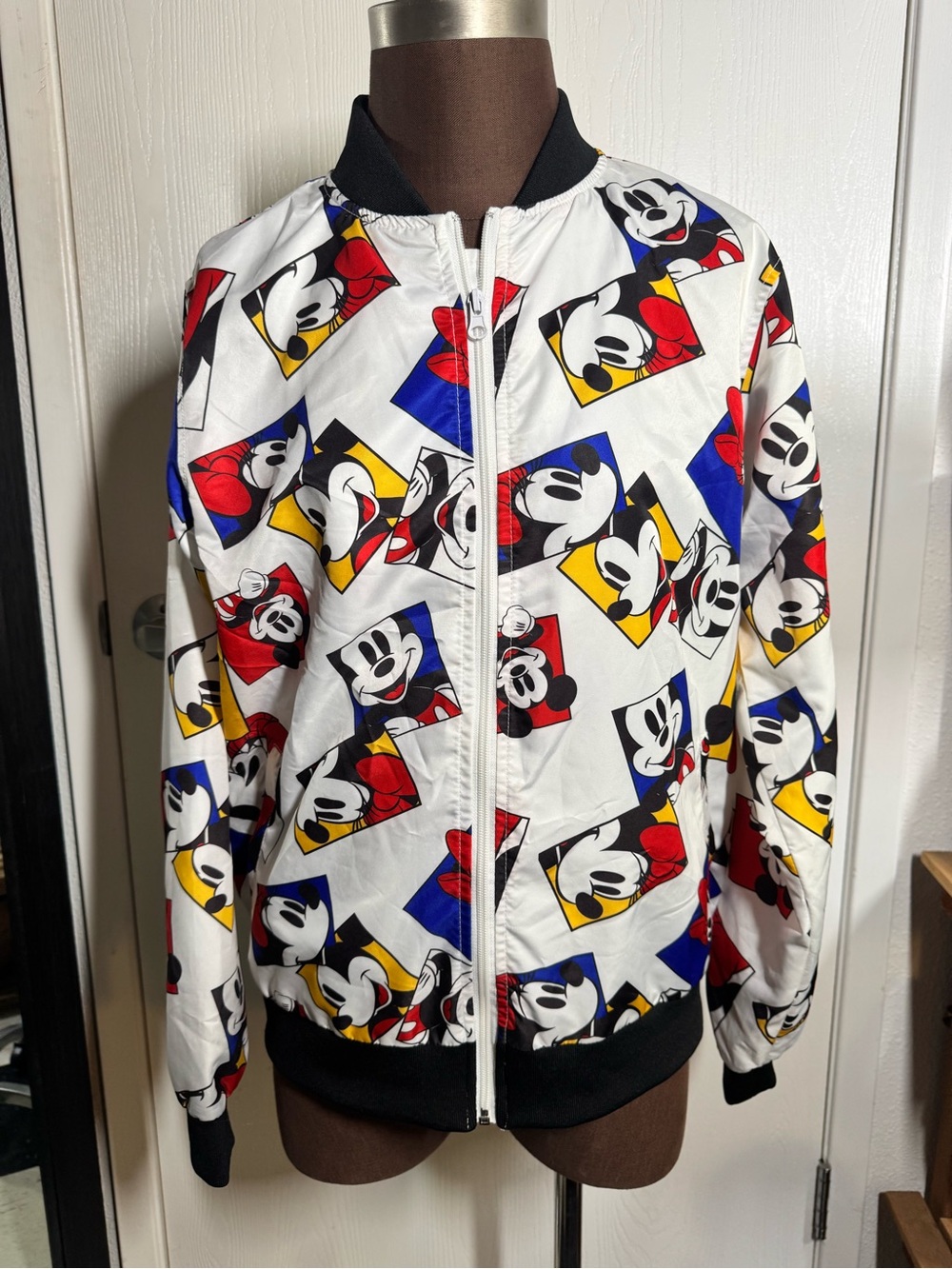 Forever 21 White Mickey Mouse Print Bomber Jacket - Red, Yellow, Blue, Black